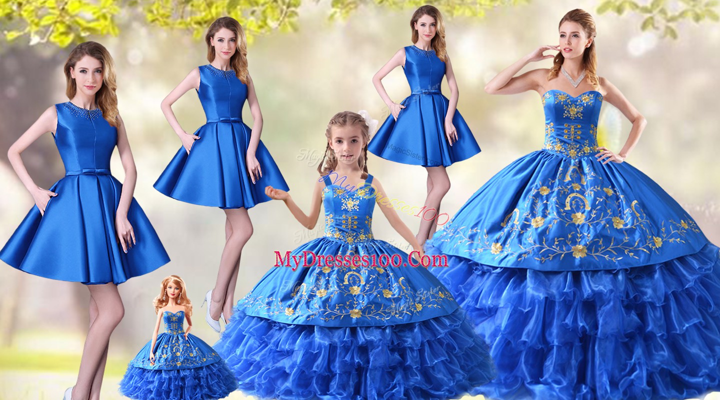 Lace Up Quince Ball Gowns Blue for Sweet 16 and Quinceanera with Embroidery and Ruffled Layers