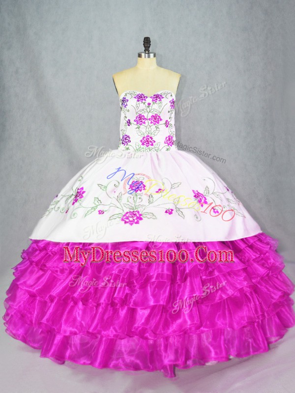 Classical Fuchsia Ball Gowns Sweetheart Sleeveless Organza Floor Length Lace Up Embroidery and Ruffled Layers Sweet 16 Dress