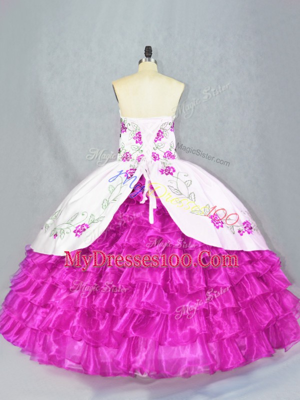 Classical Fuchsia Ball Gowns Sweetheart Sleeveless Organza Floor Length Lace Up Embroidery and Ruffled Layers Sweet 16 Dress