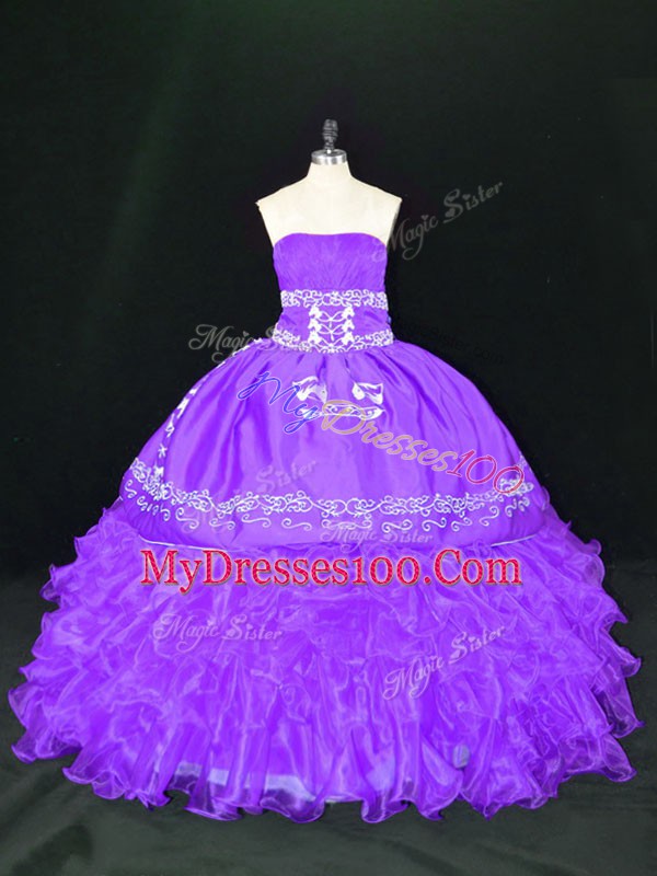 Lavender Ball Gowns Strapless Sleeveless Organza Floor Length Lace Up Embroidery and Ruffles 15 Quinceanera Dress