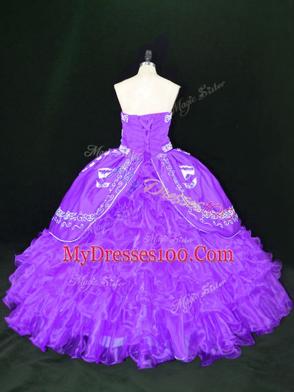 Lavender Ball Gowns Strapless Sleeveless Organza Floor Length Lace Up Embroidery and Ruffles 15 Quinceanera Dress