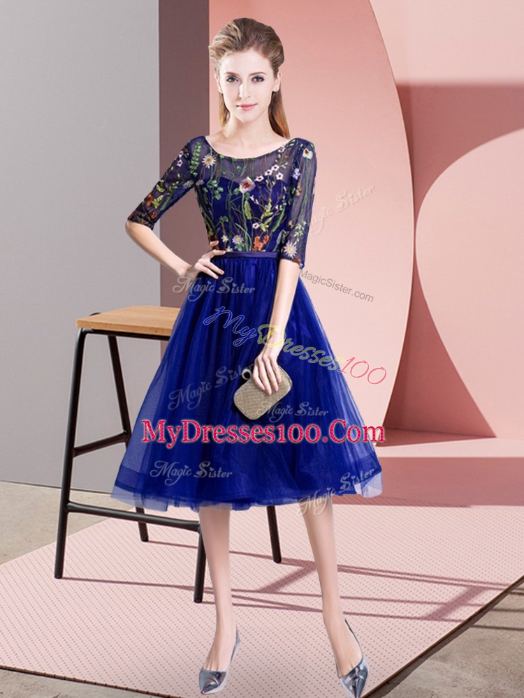 Beauteous Blue Empire Scoop Half Sleeves Tulle Knee Length Lace Up Embroidery Bridesmaid Dress