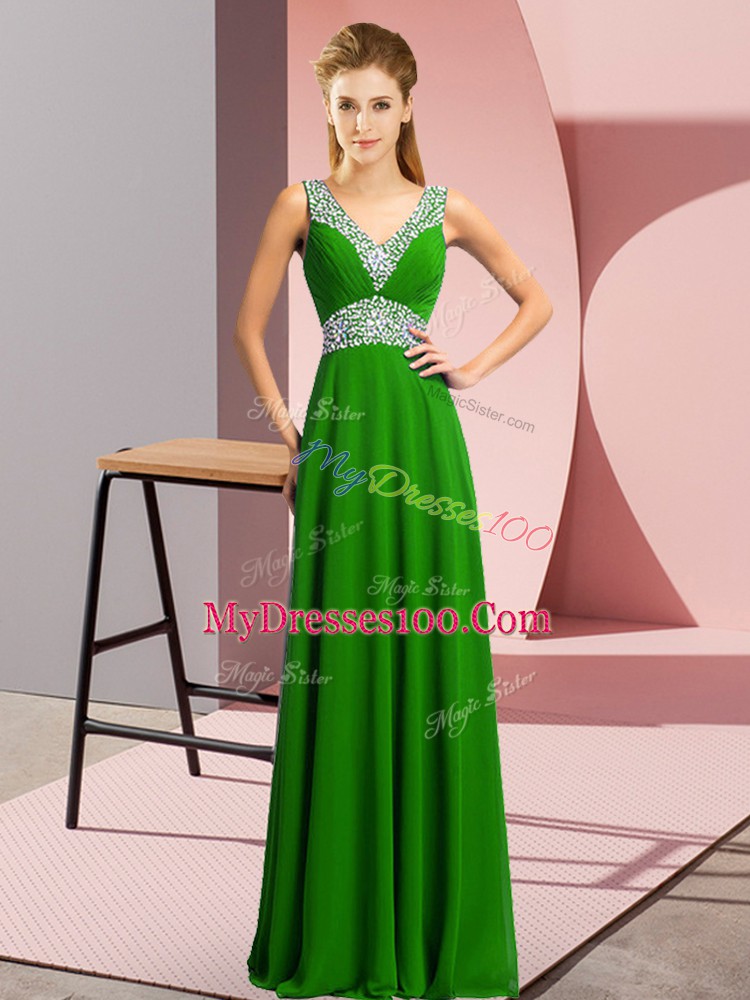 Luxury Green Empire V-neck Sleeveless Chiffon Floor Length Lace Up Beading Prom Party Dress