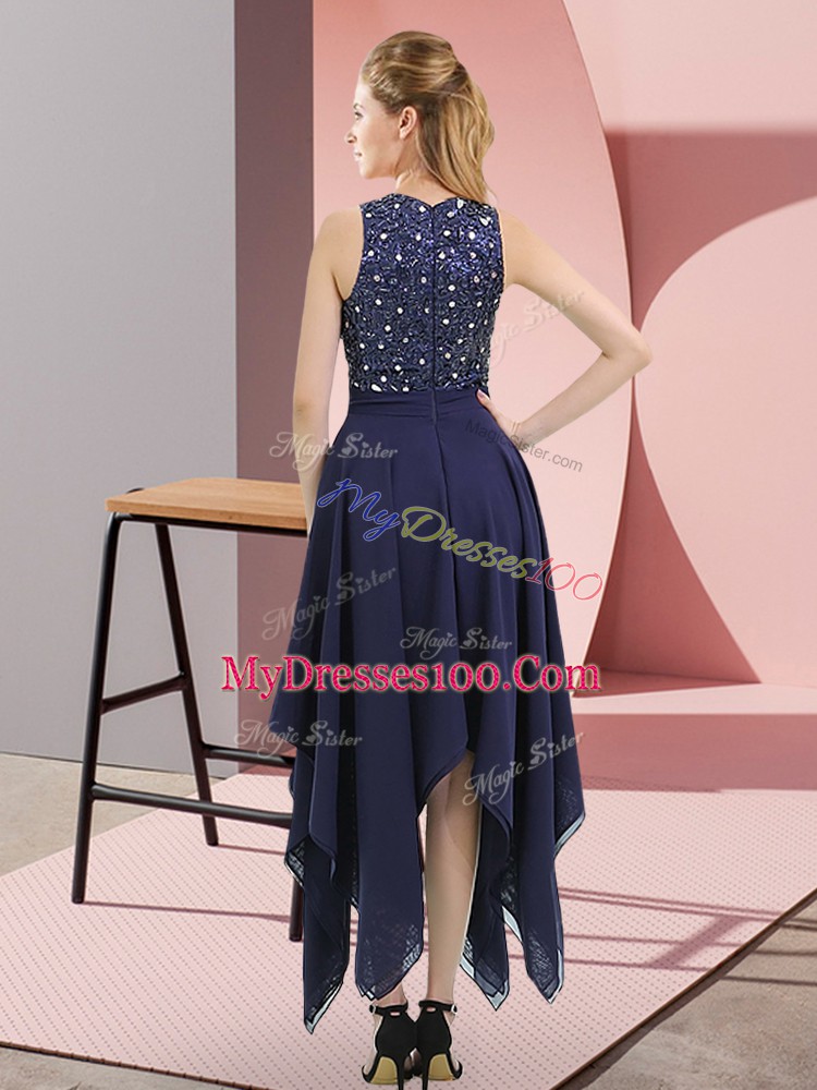 Latest Asymmetrical Royal Blue Glitz Pageant Dress High-neck Sleeveless Zipper