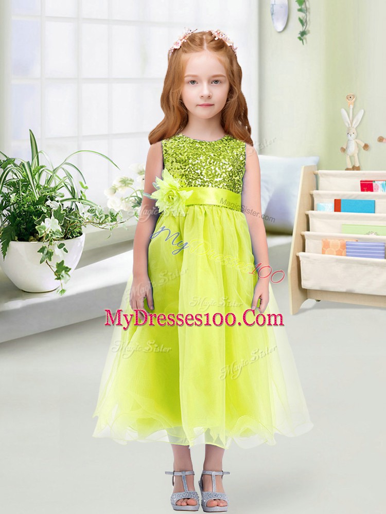 Trendy Tea Length Yellow Green Flower Girl Dress Organza Sleeveless Sequins and Hand Made Flower