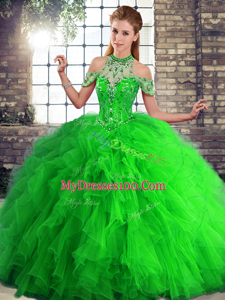 Customized Halter Top Sleeveless Tulle Ball Gown Prom Dress Beading and Ruffles Lace Up