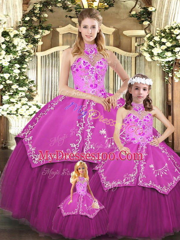 Fuchsia Sleeveless Floor Length Embroidery Lace Up Quinceanera Dress