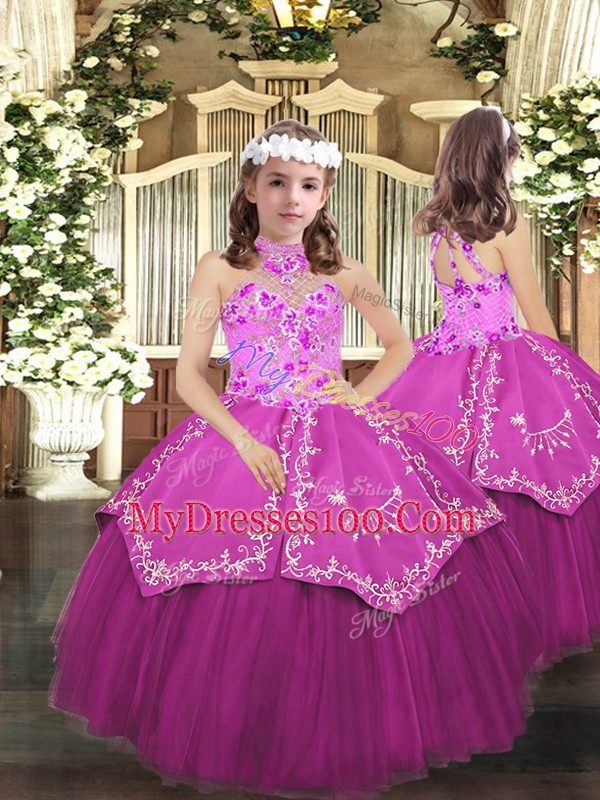 Fuchsia Sleeveless Floor Length Embroidery Lace Up Quinceanera Dress