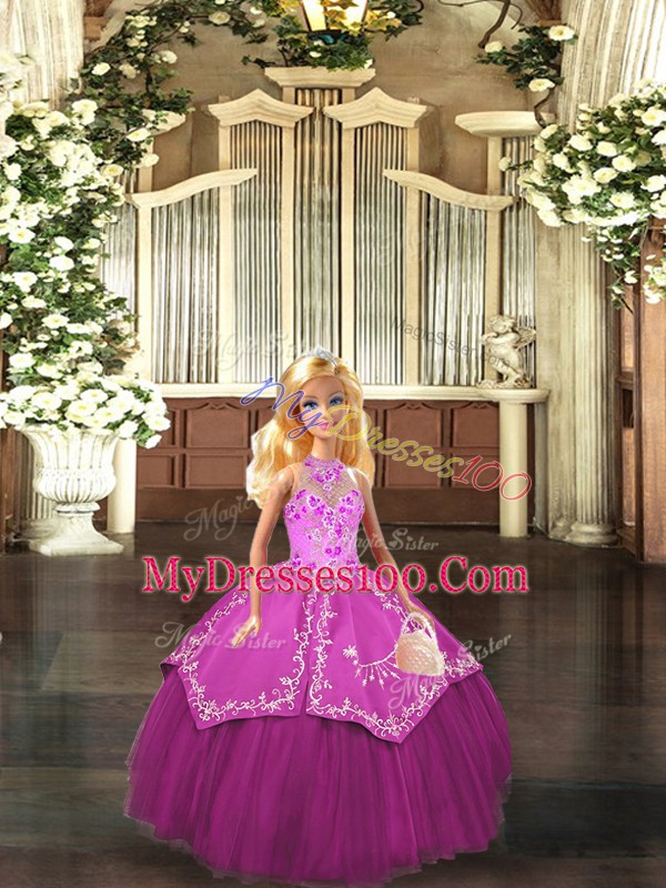 Fuchsia Sleeveless Floor Length Embroidery Lace Up Quinceanera Dress