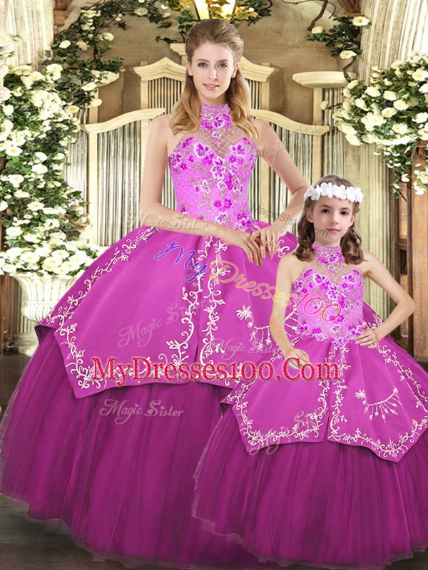 Fuchsia Sleeveless Floor Length Embroidery Lace Up Quinceanera Dress