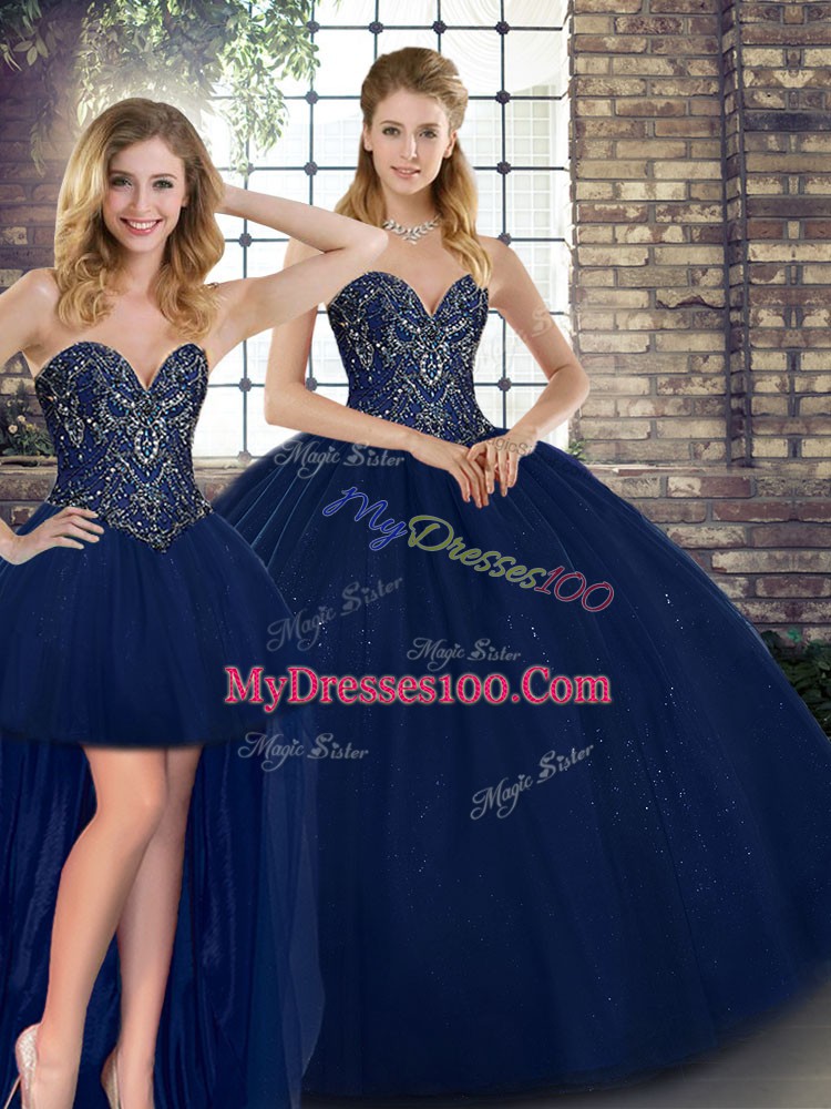 Navy Blue Sweet 16 Dresses Military Ball and Sweet 16 and Quinceanera with Beading Sweetheart Sleeveless Lace Up