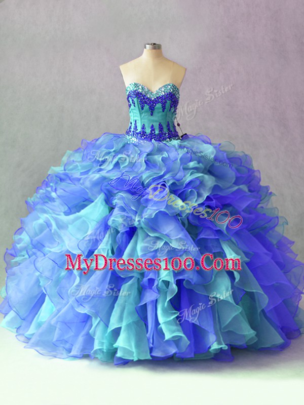 Multi-color Sweetheart Lace Up Beading and Appliques and Ruffles Sweet 16 Quinceanera Dress Sleeveless