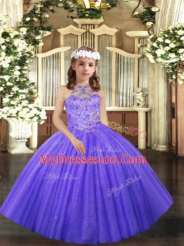 Hot Selling Lavender Tulle Lace Up Halter Top Sleeveless Floor Length Girls Pageant Dresses Beading and Ruffles