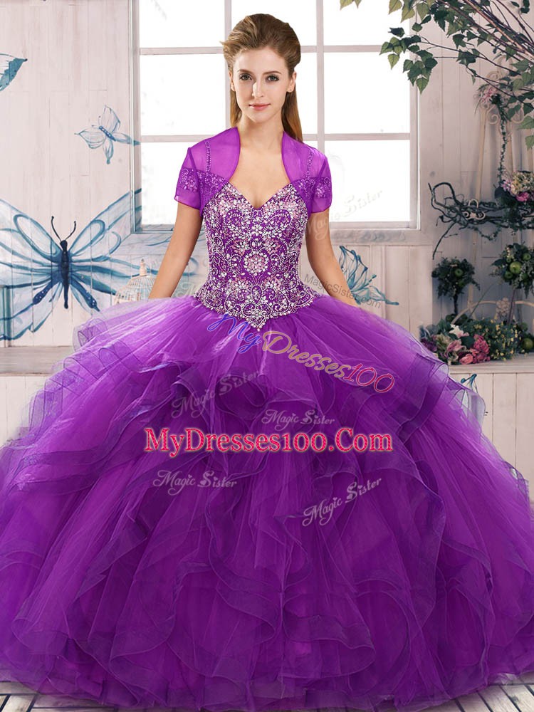 Floor Length Purple 15th Birthday Dress Off The Shoulder Sleeveless Lace Up