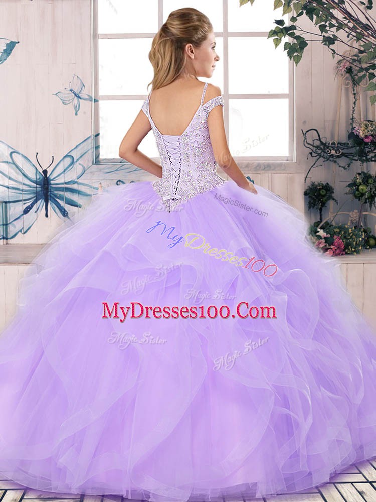 Floor Length Purple 15th Birthday Dress Off The Shoulder Sleeveless Lace Up