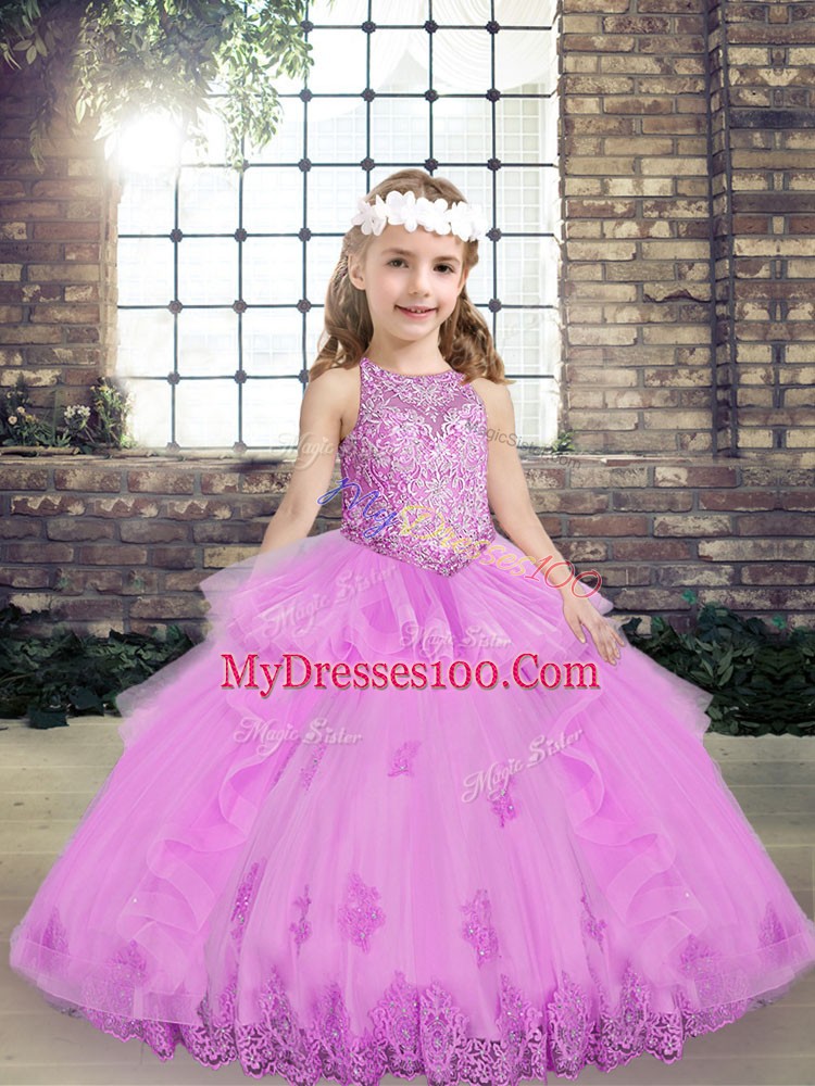 Sweet Sleeveless Tulle Floor Length Lace Up Girls Pageant Dresses in Lilac with Lace and Appliques