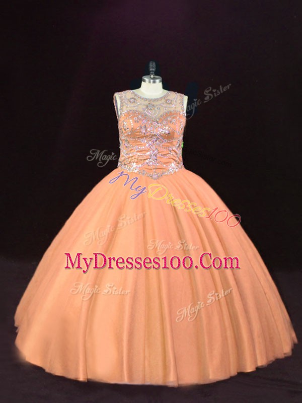 Ball Gowns Sweet 16 Dress Peach Scoop Tulle Sleeveless Floor Length Lace Up