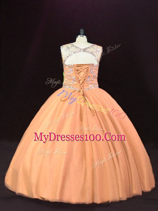 Ball Gowns Sweet 16 Dress Peach Scoop Tulle Sleeveless Floor Length Lace Up
