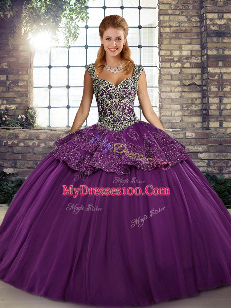 Superior Purple Lace Up Quince Ball Gowns Beading and Appliques Sleeveless Floor Length