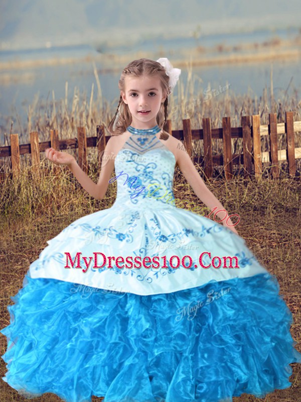 Halter Top Sleeveless Lace Up Pageant Dress for Teens Baby Blue Organza