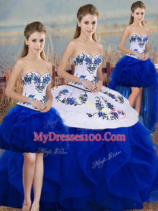 Dynamic Sleeveless Lace Up Floor Length Embroidery and Ruffles and Bowknot Ball Gown Prom Dress