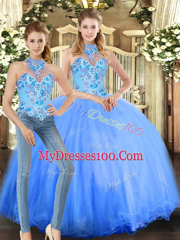 Customized Floor Length Blue Quinceanera Dresses Tulle Sleeveless Embroidery