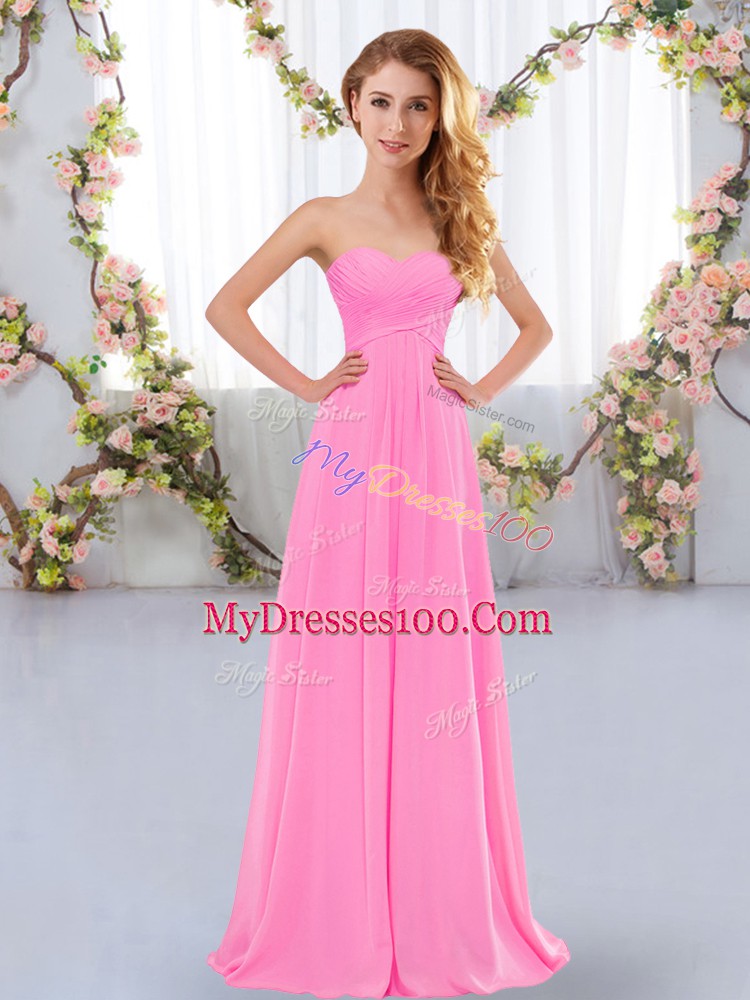 Rose Pink Bridesmaid Gown Wedding Party with Ruching Sweetheart Sleeveless Lace Up