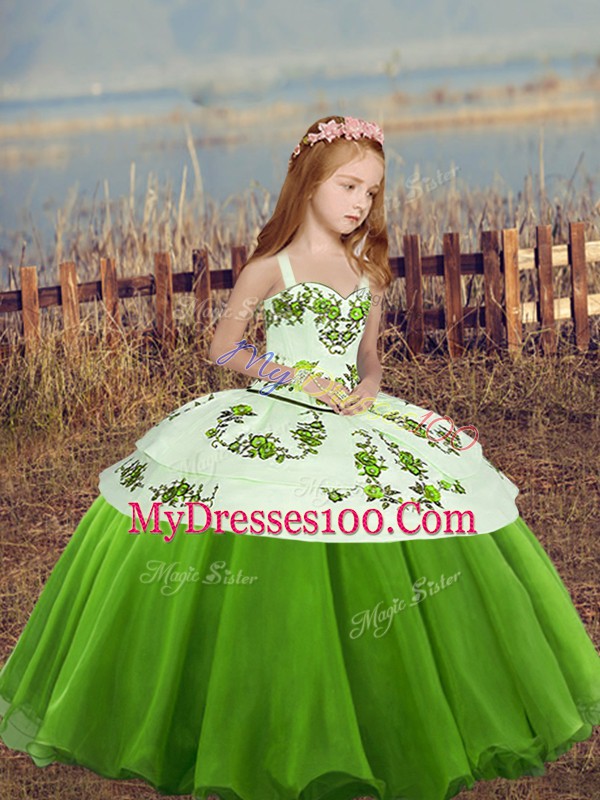 Green Straps Lace Up Embroidery Kids Formal Wear Sleeveless