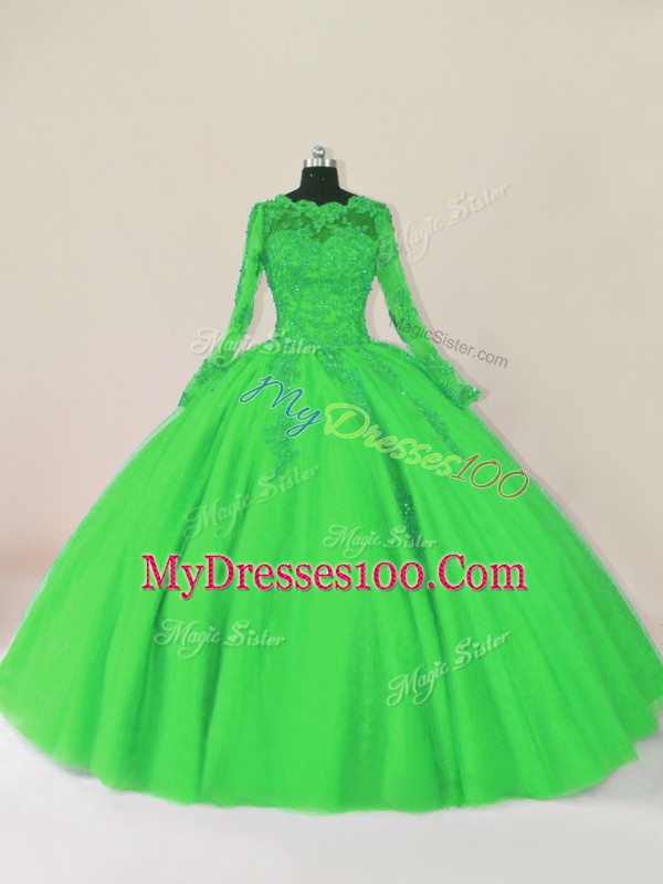 Green Long Sleeves Floor Length Lace Zipper Quince Ball Gowns