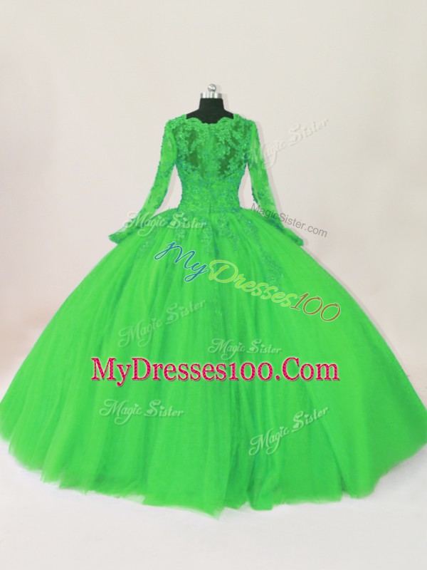 Green Long Sleeves Floor Length Lace Zipper Quince Ball Gowns