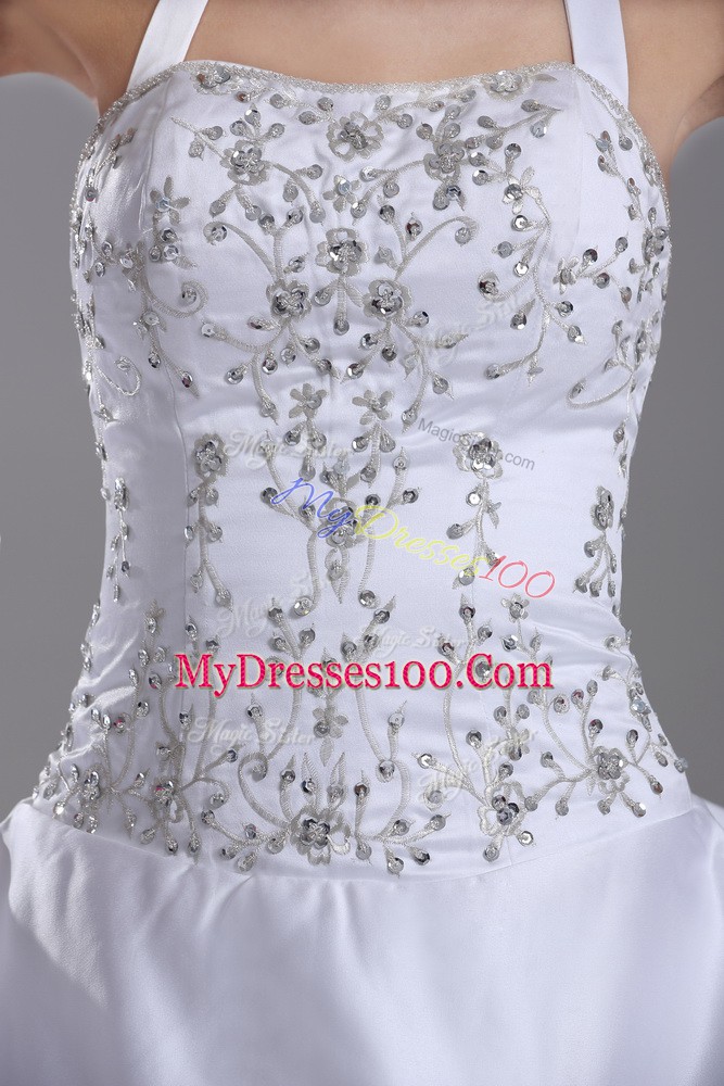 On Sale White Wedding Gown Halter Top Sleeveless Brush Train Lace Up