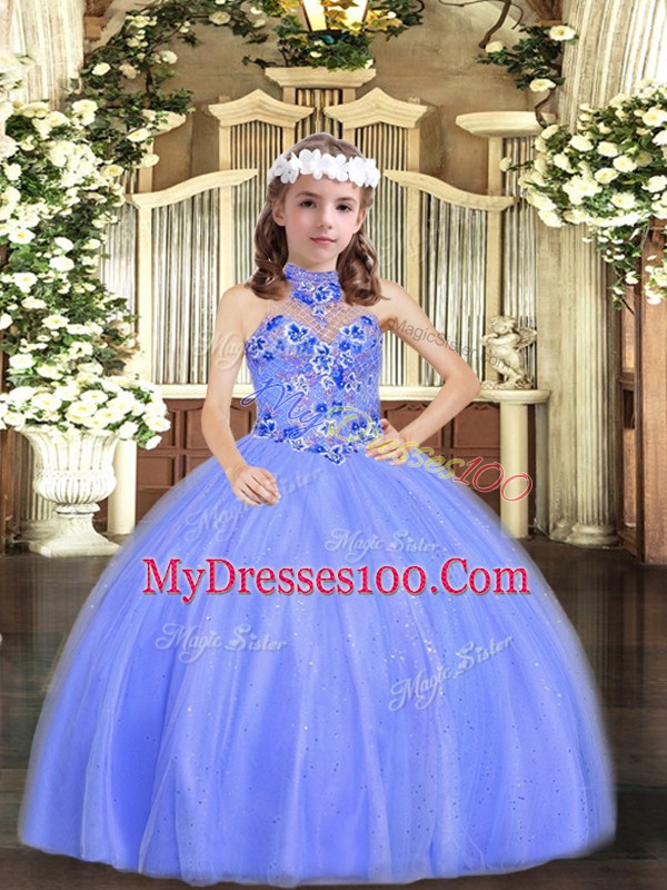 Floor Length Blue Child Pageant Dress Tulle Sleeveless Appliques