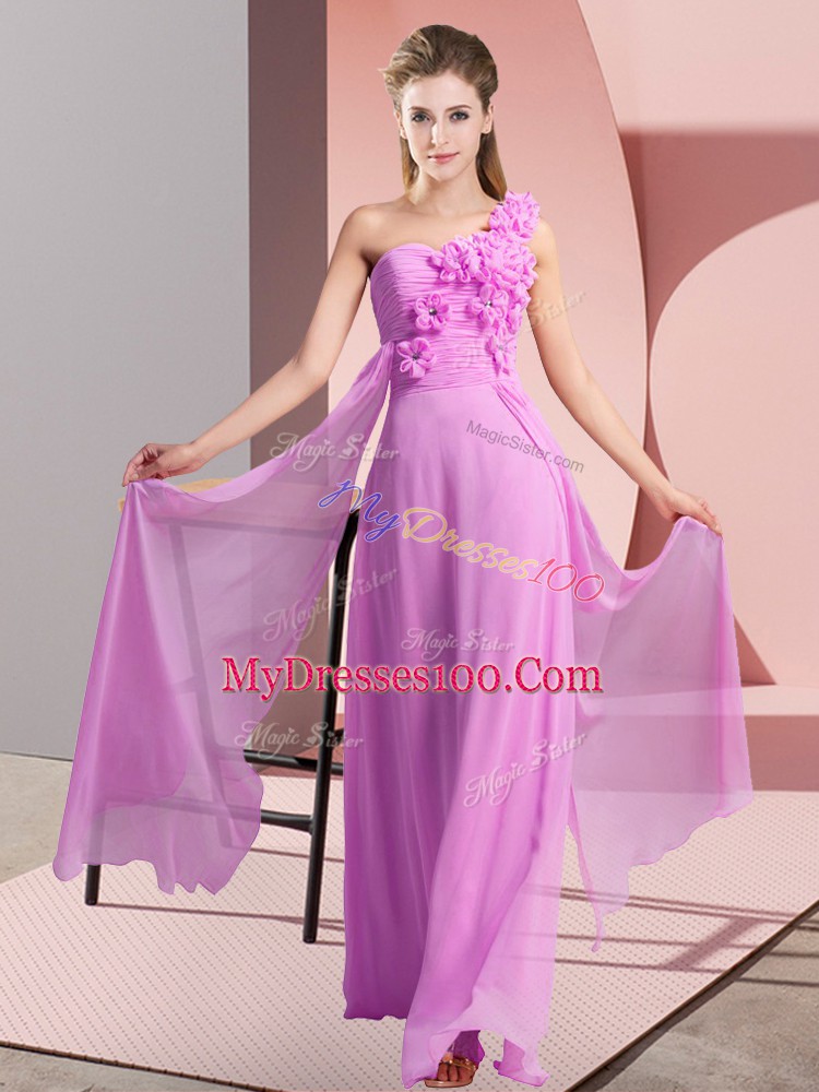 Cute Floor Length Lilac Wedding Guest Dresses One Shoulder Sleeveless Lace Up