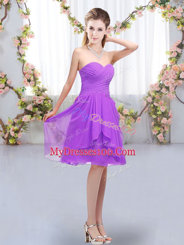 Decent Lavender Sleeveless Knee Length Ruffles and Ruching Lace Up Bridesmaids Dress