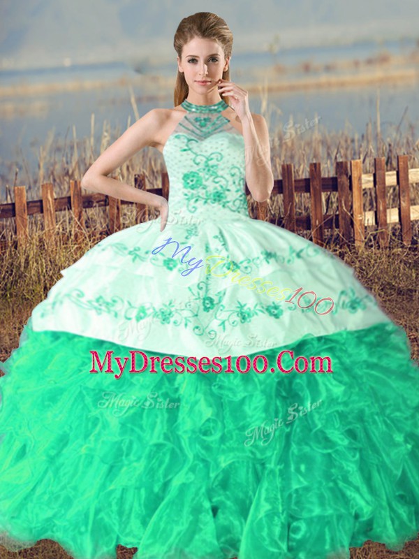 Fantastic Turquoise Sleeveless Court Train Embroidery and Ruffles Ball Gown Prom Dress
