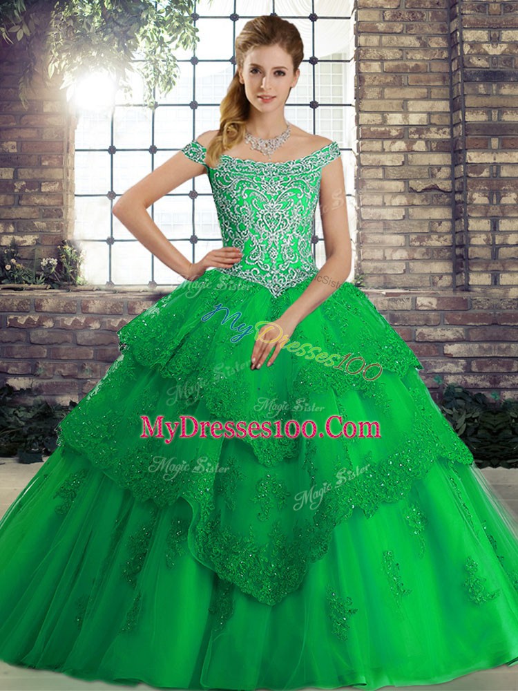 Beading and Lace Vestidos de Quinceanera Green Lace Up Sleeveless Brush Train