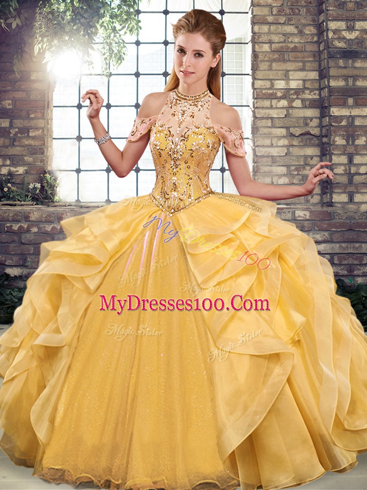 Gold Lace Up 15th Birthday Dress Beading and Ruffles Sleeveless Floor Length