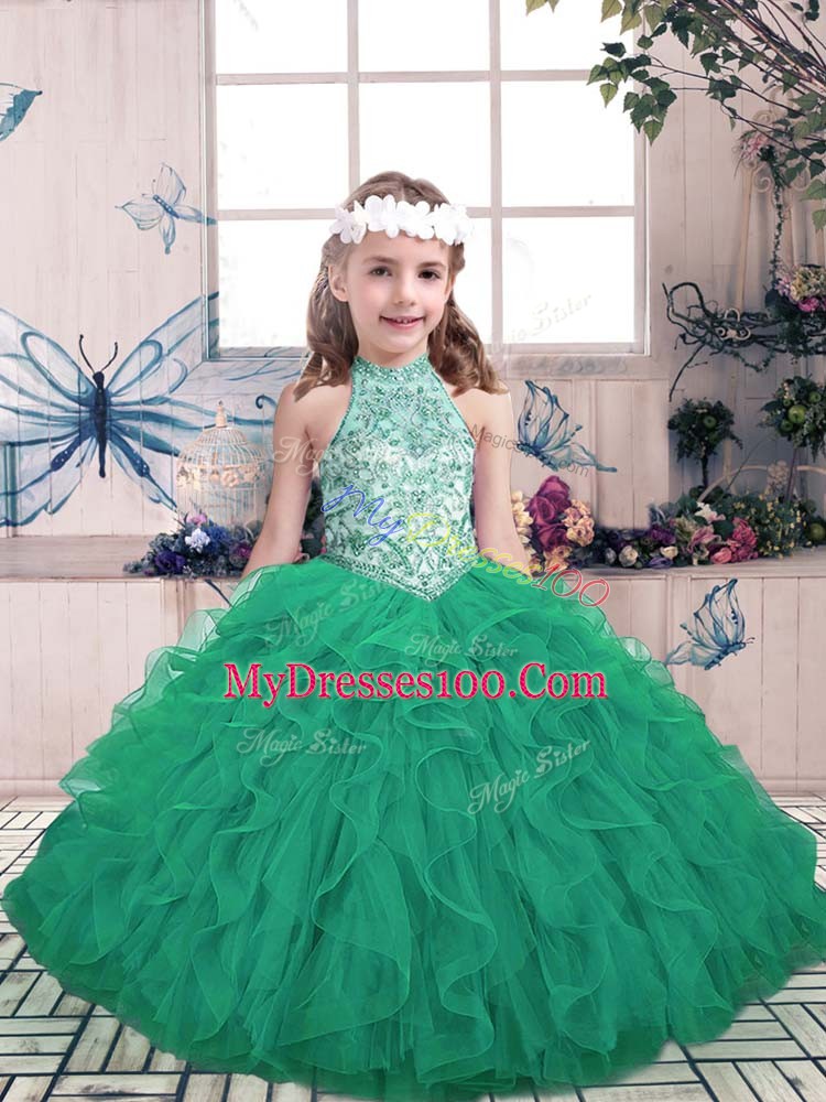 Beautiful Green High-neck Neckline Beading and Ruffles Little Girl Pageant Dress Sleeveless Lace Up