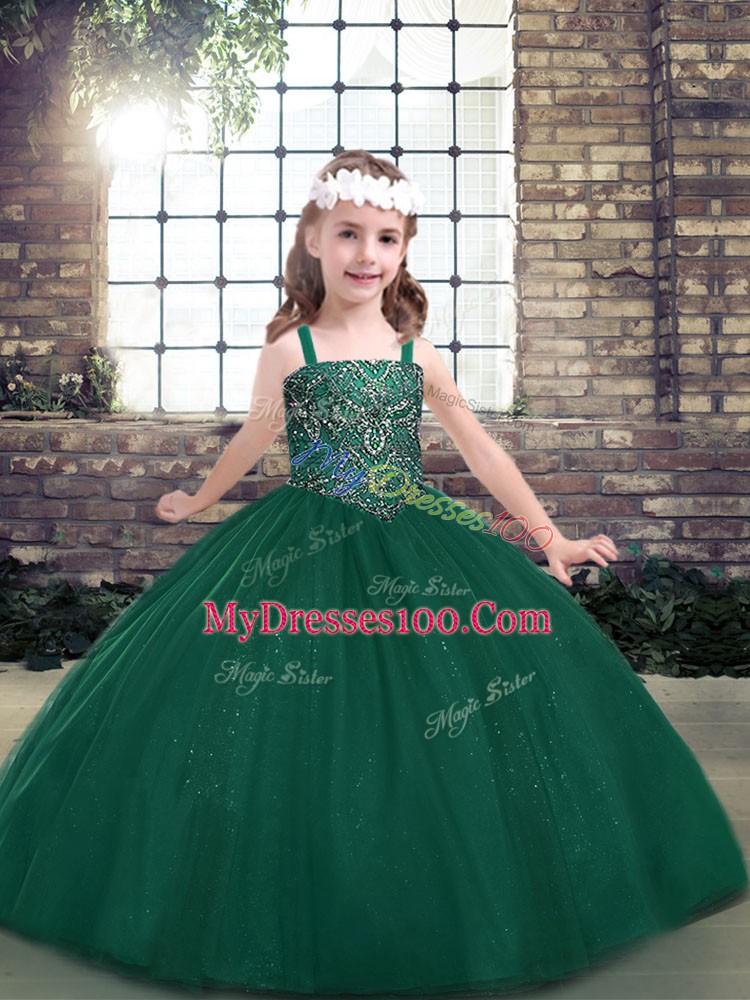 Tulle Straps Sleeveless Lace Up Beading Pageant Gowns For Girls in Green