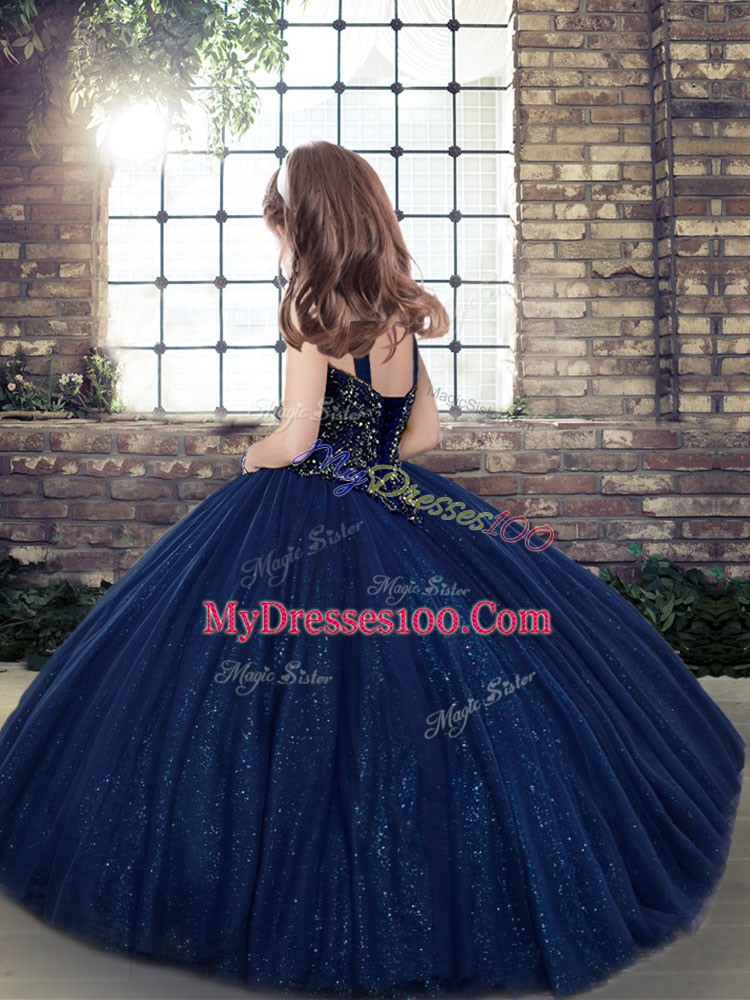 Tulle Straps Sleeveless Lace Up Beading Pageant Gowns For Girls in Green