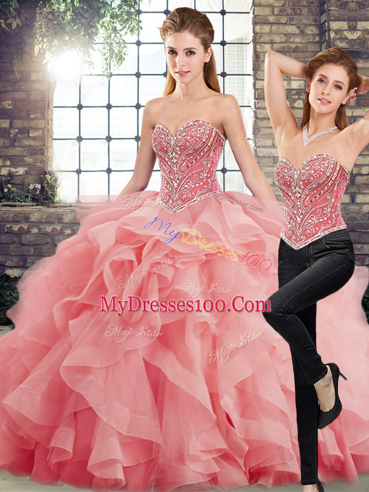 Watermelon Red Quinceanera Dress Sweetheart Sleeveless Brush Train Lace Up
