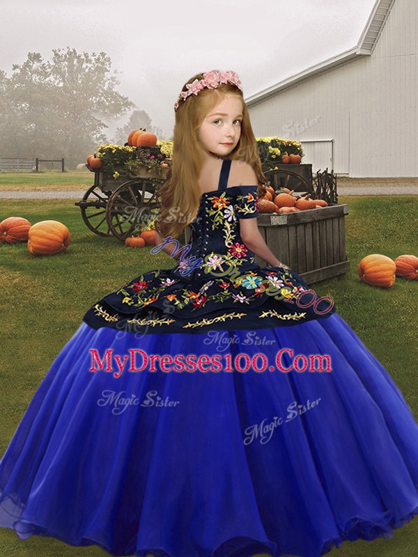 Sleeveless Organza Floor Length Lace Up Child Pageant Dress in Teal with Embroidery