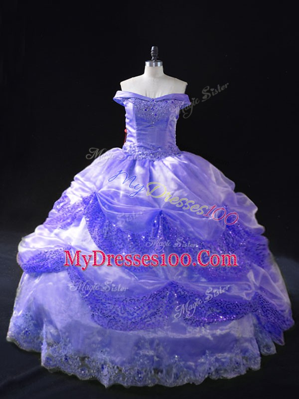 High Quality Lavender Ball Gowns Off The Shoulder Sleeveless Organza Floor Length Lace Up Beading and Pick Ups Quinceanera Dresses