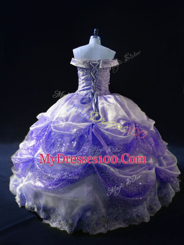 High Quality Lavender Ball Gowns Off The Shoulder Sleeveless Organza Floor Length Lace Up Beading and Pick Ups Quinceanera Dresses