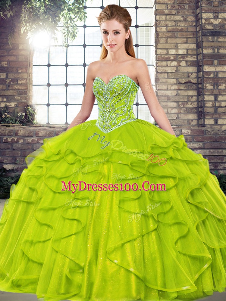 Sleeveless Lace Up Floor Length Beading and Ruffles Sweet 16 Dresses