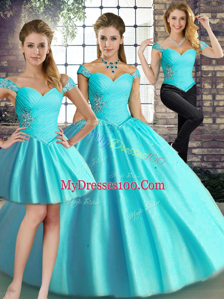Popular Aqua Blue Three Pieces Beading Quinceanera Gowns Lace Up Tulle Sleeveless Floor Length