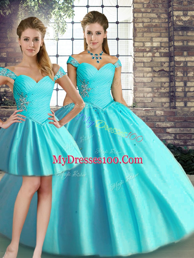 Popular Aqua Blue Three Pieces Beading Quinceanera Gowns Lace Up Tulle Sleeveless Floor Length