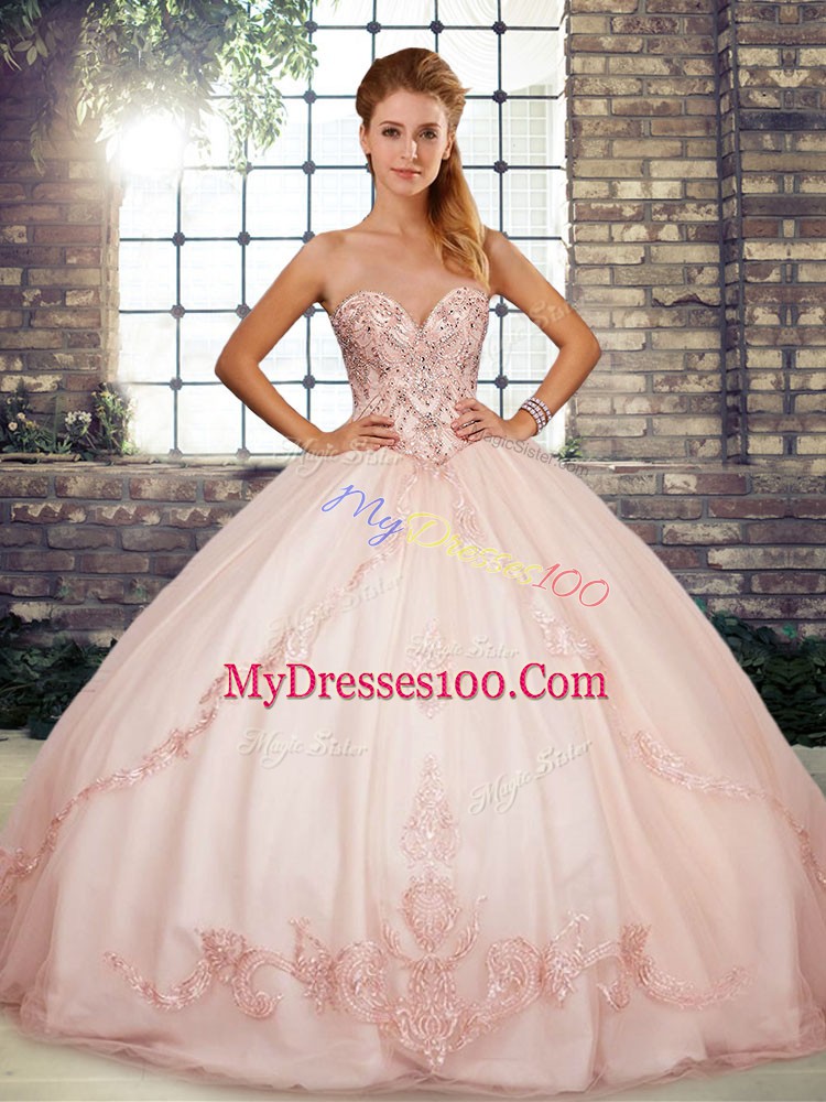Sweetheart Sleeveless Lace Up Vestidos de Quinceanera Pink Tulle