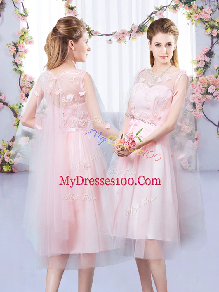 Nice Tea Length Empire Sleeveless Baby Pink Bridesmaid Dresses Lace Up