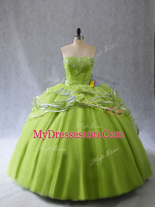 Yellow Green Sweet 16 Quinceanera Dress Organza and Tulle Brush Train Sleeveless Appliques and Ruffles